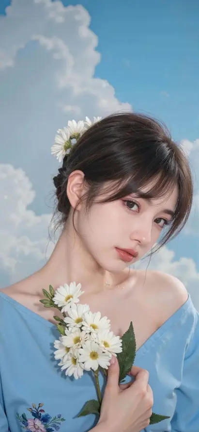 4k清新壁纸 - 白色花 - 露肩裙 - 手机壁纸「哲风壁纸」