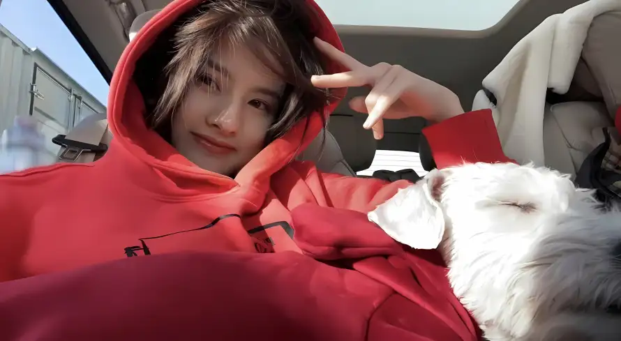 4k明星壁纸 - 狗狗 - 红衣 - 美女「哲风壁纸」