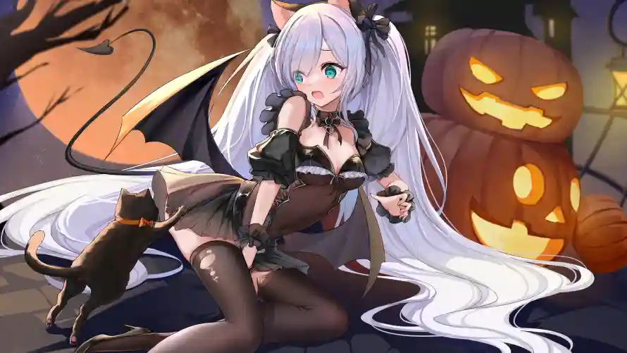 4k少女壁纸 - 白发 - 黑猫 - 万圣节「哲风壁纸」