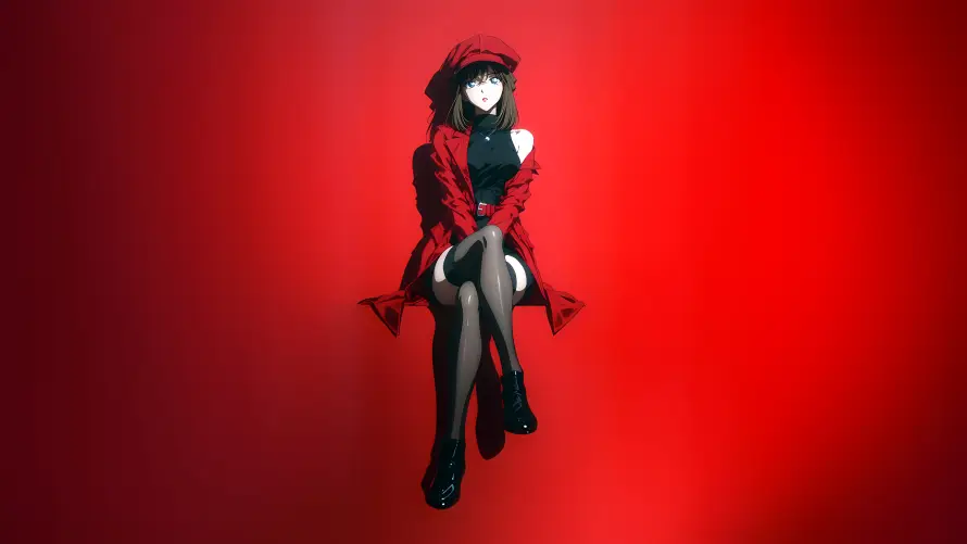 4k坐姿壁纸-二次元与灰原哀-红色背景免费下载「哲风壁纸」