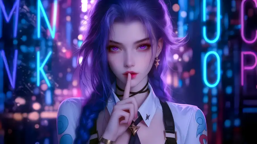 4k红唇壁纸 - 科技感 - 金克丝 - 紫色头发「哲风壁纸」