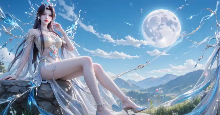 4k仙侠壁纸 - 山脉 - 月亮 - 蓝天「哲风壁纸」