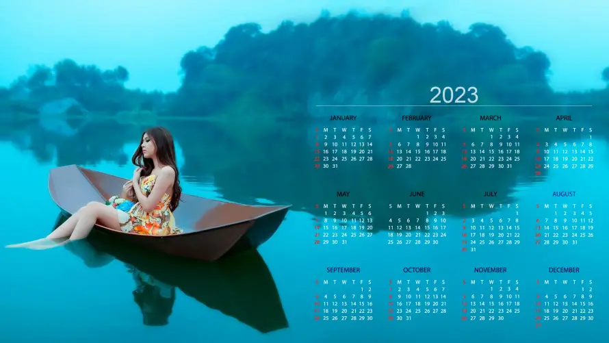 2k日历壁纸-蓝色背景和湖-2023（年）「哲风壁纸」