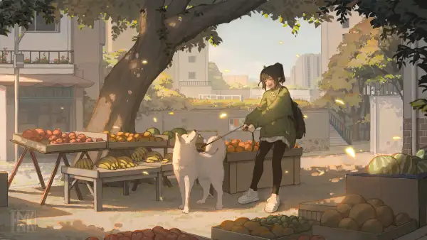 5k芸汐壁纸-动漫女孩和落叶-华明眨眼免费下载「哲风壁纸」