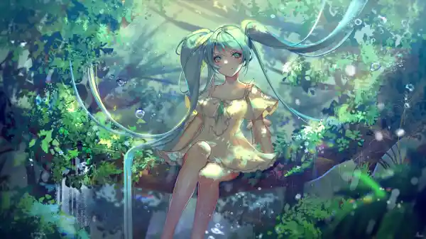 5k坐着壁纸-双马尾壁纸和水滴-初音未来免费下载「哲风壁纸」