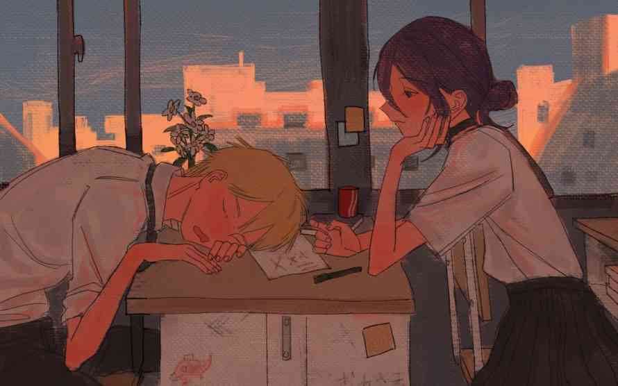 3k日落壁纸-电锯人与校服-动漫女孩壁纸分享「哲风壁纸」