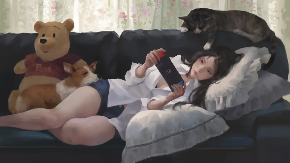4k厚涂壁纸-温馨背景-《猫猫》背景-打游戏「哲风壁纸」