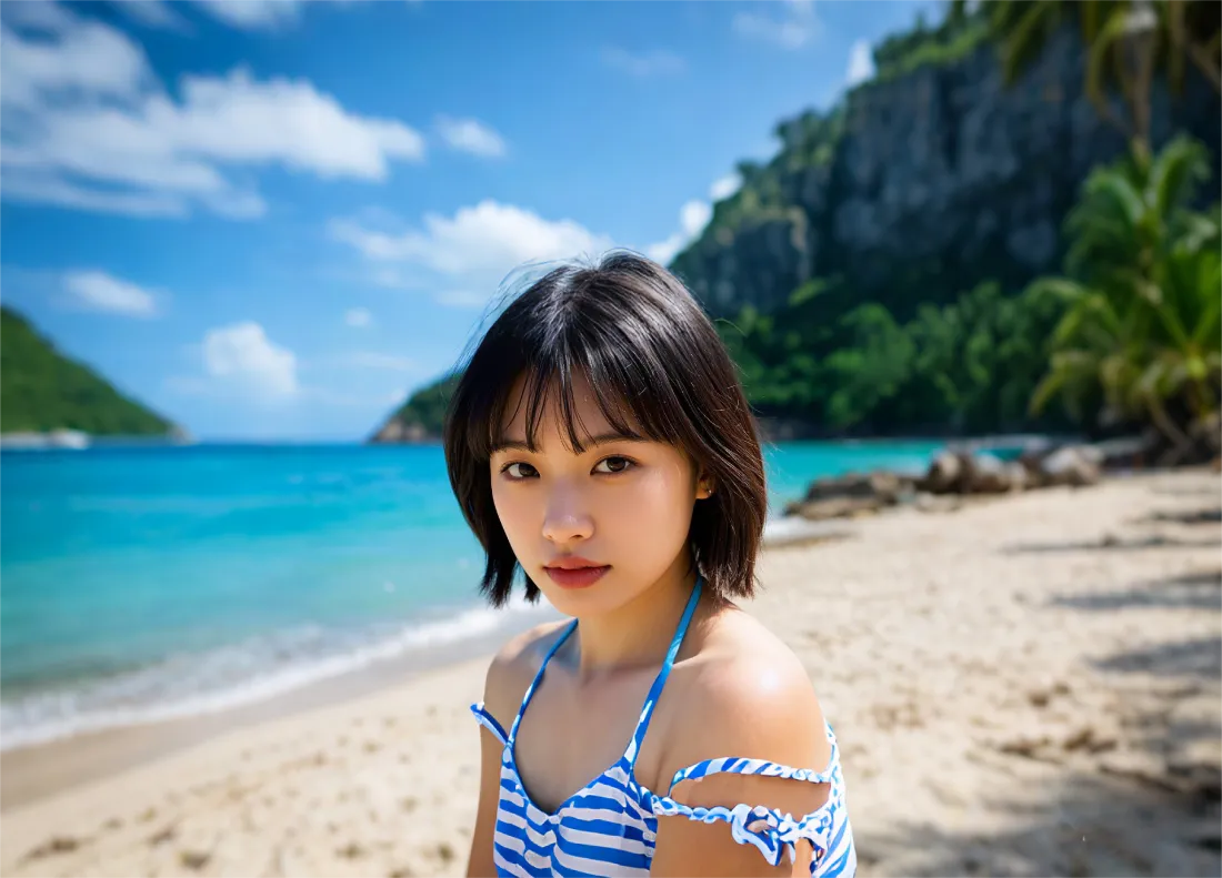 2k短发美女比基尼壁纸｜沙滩背景图片 - 沈月「哲风壁纸」