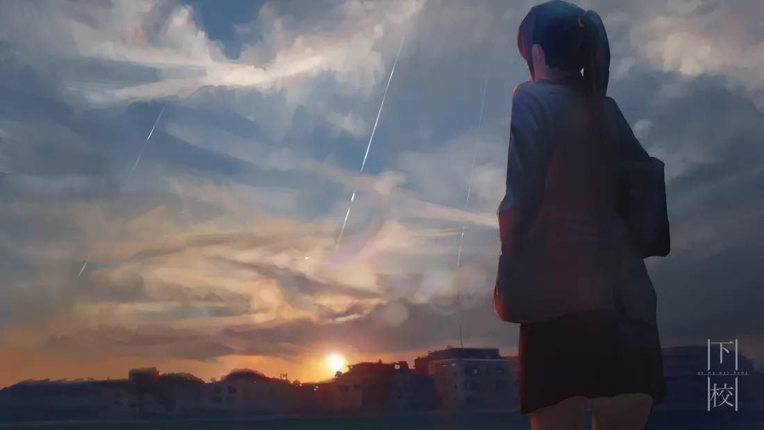 3k少女仰望星空壁纸｜动漫背景图片 - 夕阳下的凝望「哲风壁纸」