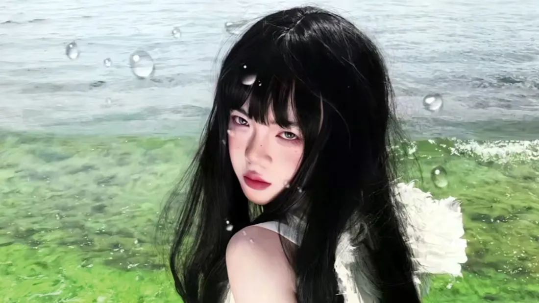 2k黑长直少女海边背景图片 - 绿色青川风格「哲风壁纸」