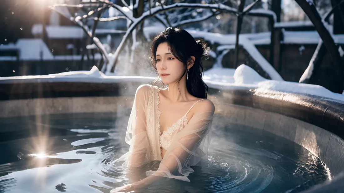 4k温泉气质美女壁纸｜冬日温泉背景图片 - 美女「哲风壁纸」