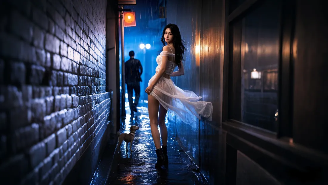 4k雨夜巷道壁纸｜氛围感美女背景图片 - 故事感「哲风壁纸」