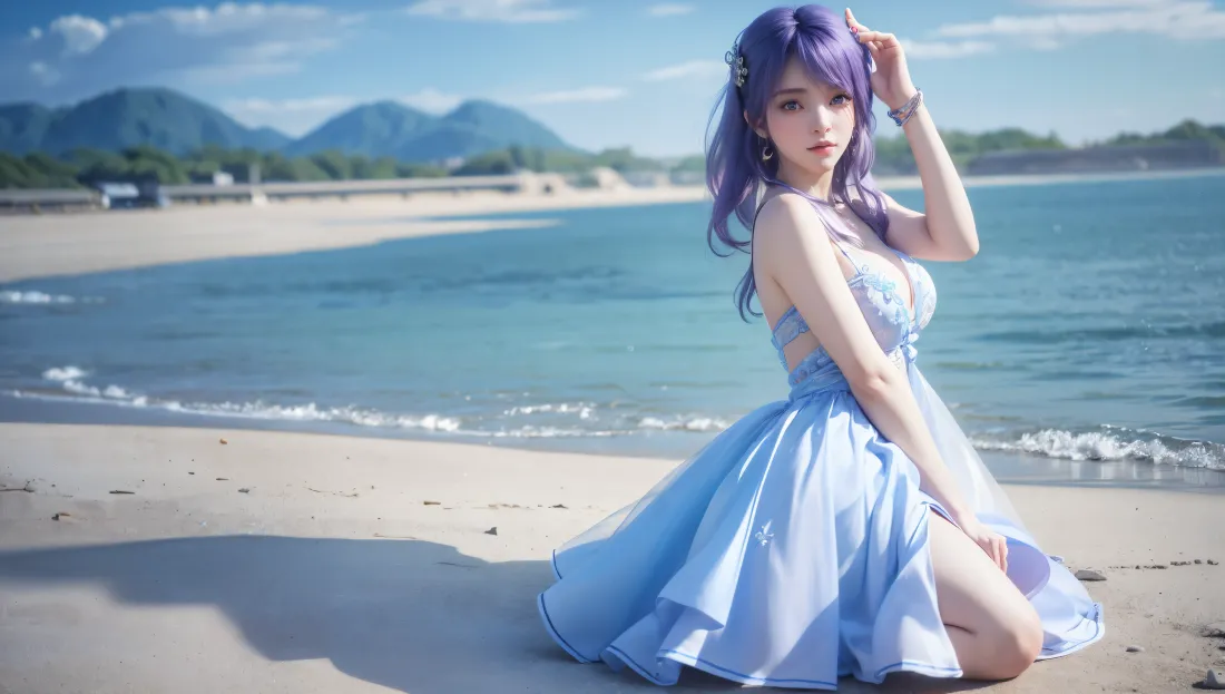 4k紫发美女壁纸｜海边背景图片 - 美女系列「哲风壁纸」