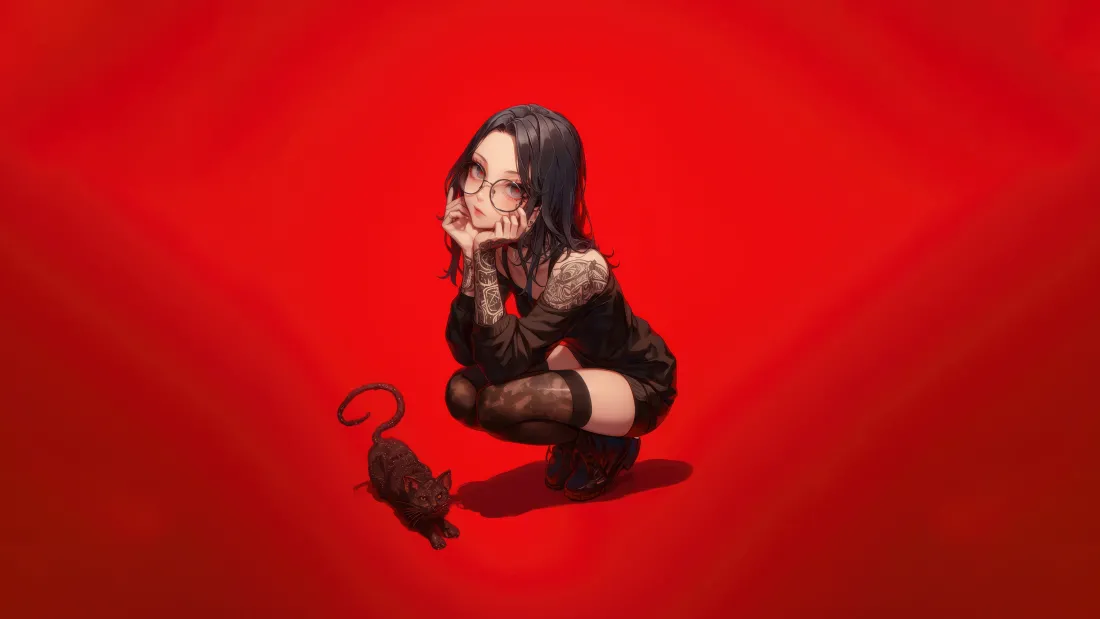 8k美女动漫壁纸｜红衣少女与黑猫背景图片 - 超酷「哲风壁纸」
