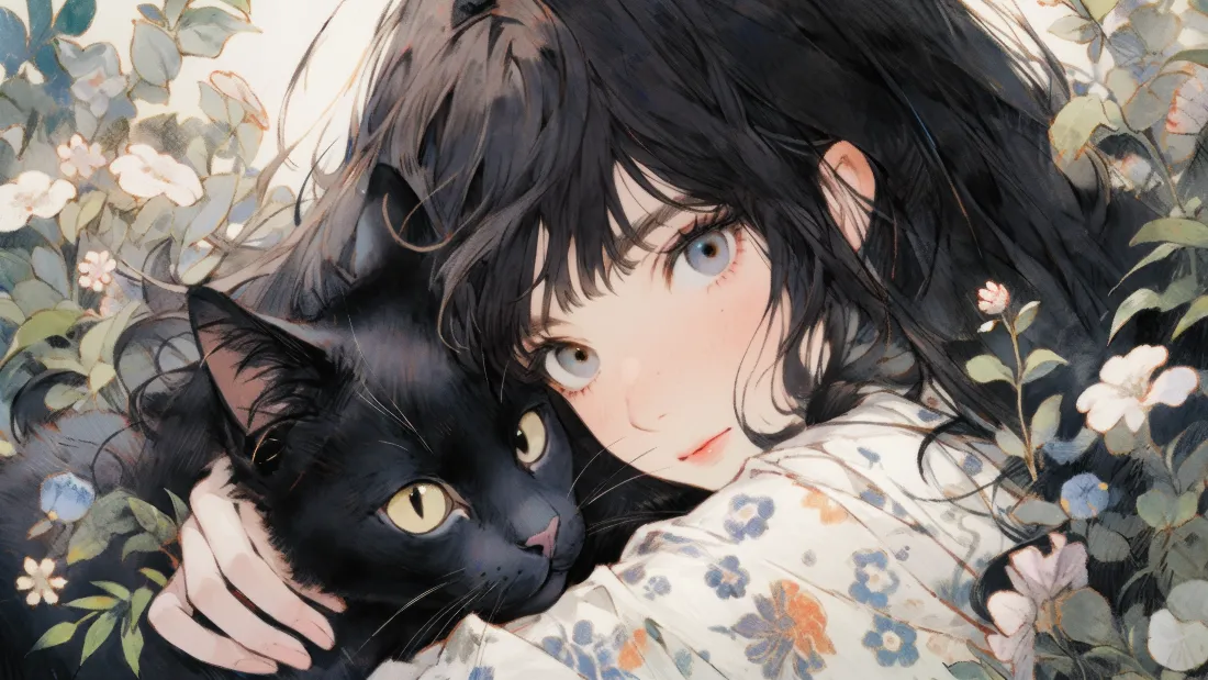 4kAI美女壁纸｜女孩与黑猫背景图片 - 唯美风「哲风壁纸」