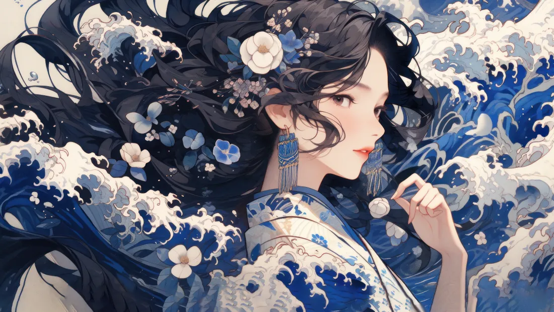 4k古风少女AI动漫壁纸 - 海浪背景图片「哲风壁纸」