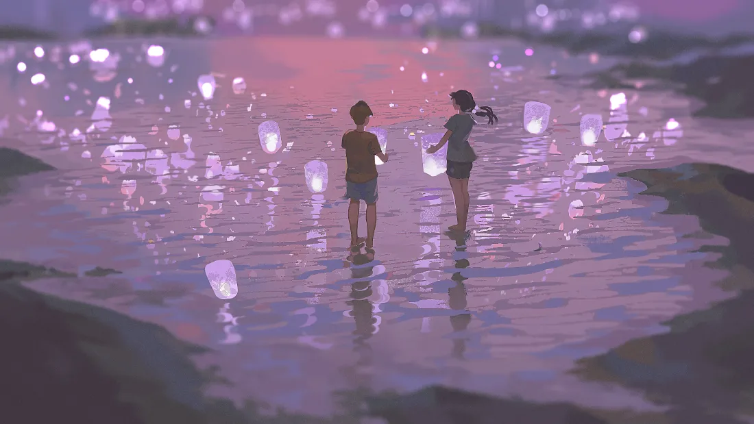 4k动漫夜景壁纸｜孔明灯背景图片 - 浪漫场景「哲风壁纸」