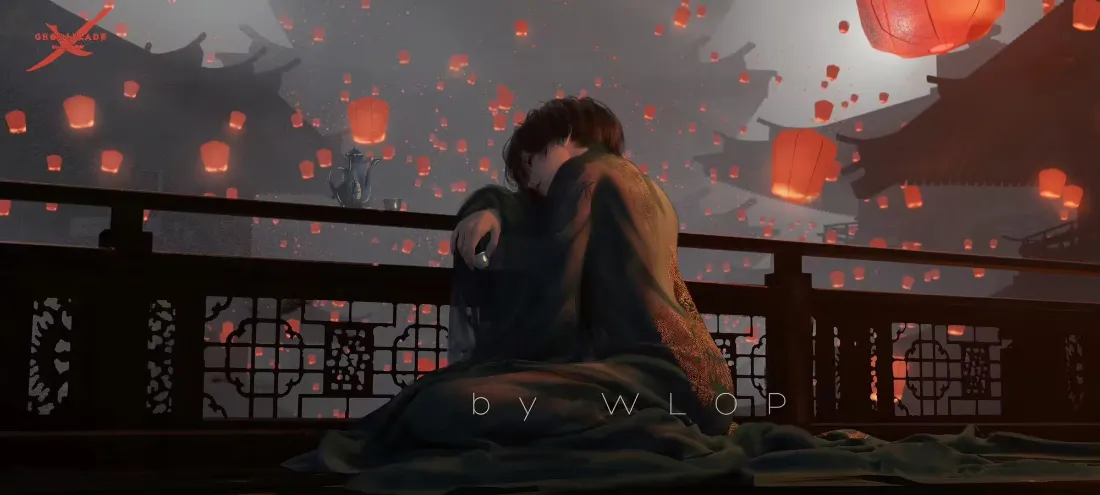 2kWLOP鬼刀小绿孔明灯背景图片 - 浪漫场景「哲风壁纸」