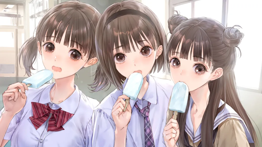 4k少女动漫壁纸｜三位美少女吃冰棍背景图片「哲风壁纸」
