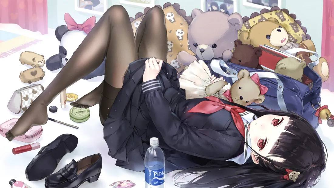 4k少女动漫壁纸｜躺卧少女与毛绒玩具背景图「哲风壁纸」