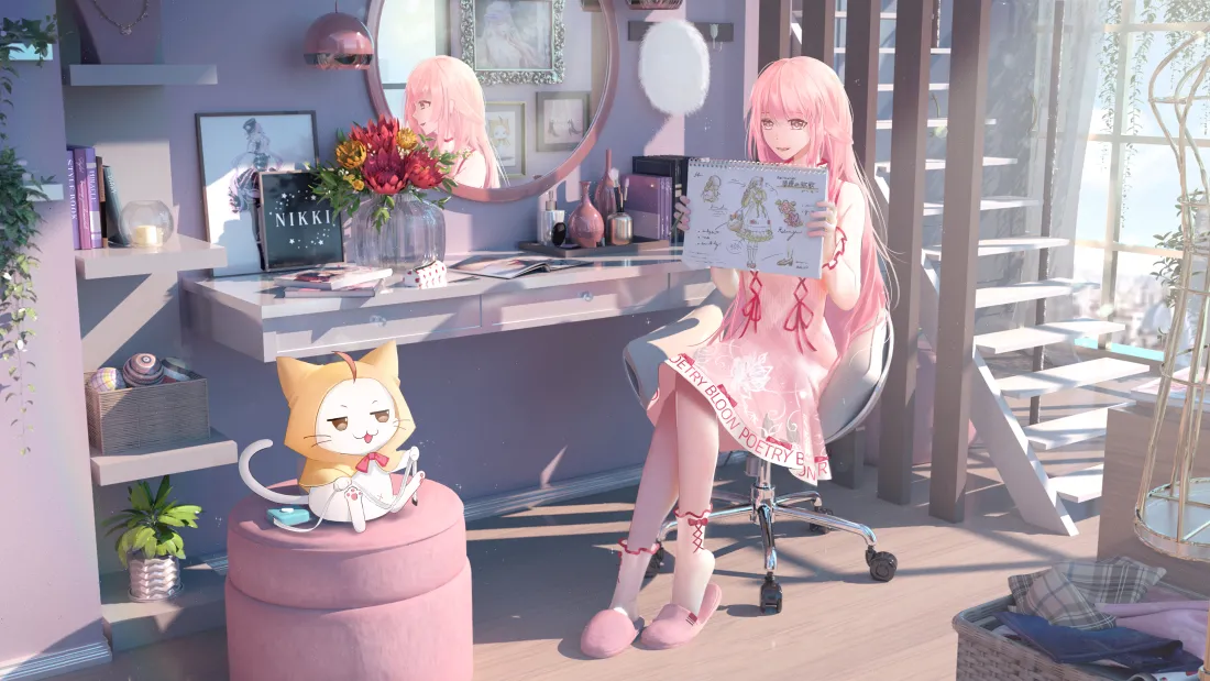 5k少女动漫壁纸｜粉色系少女与萌猫背景图片 - 精美「哲风壁纸」