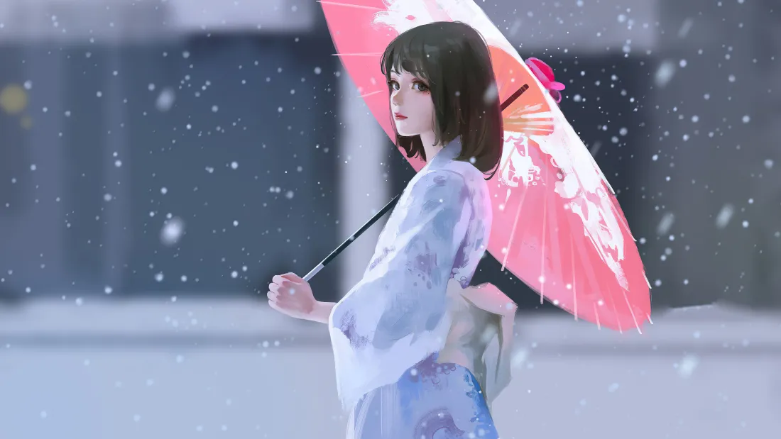 4k少女动漫壁纸｜撑伞雪中背景图片 - 唯美「哲风壁纸」