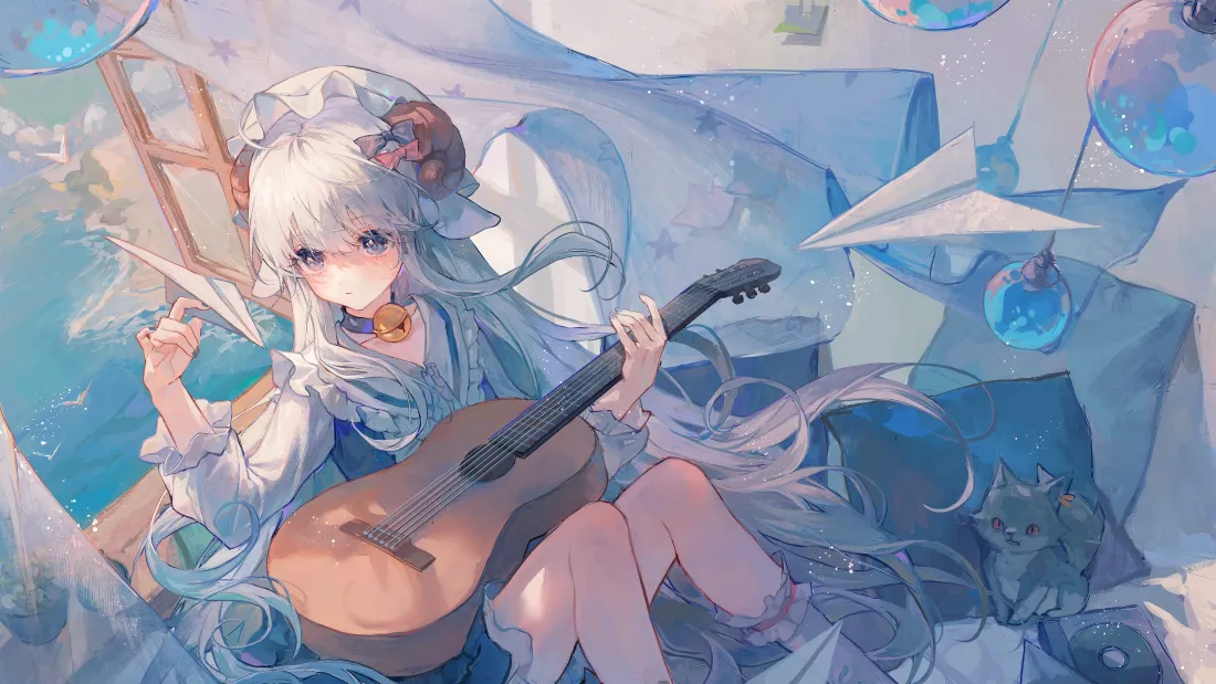 4k少女动漫壁纸｜弹奏吉他的梦幻背景图片 - 唯美风「哲风壁纸」