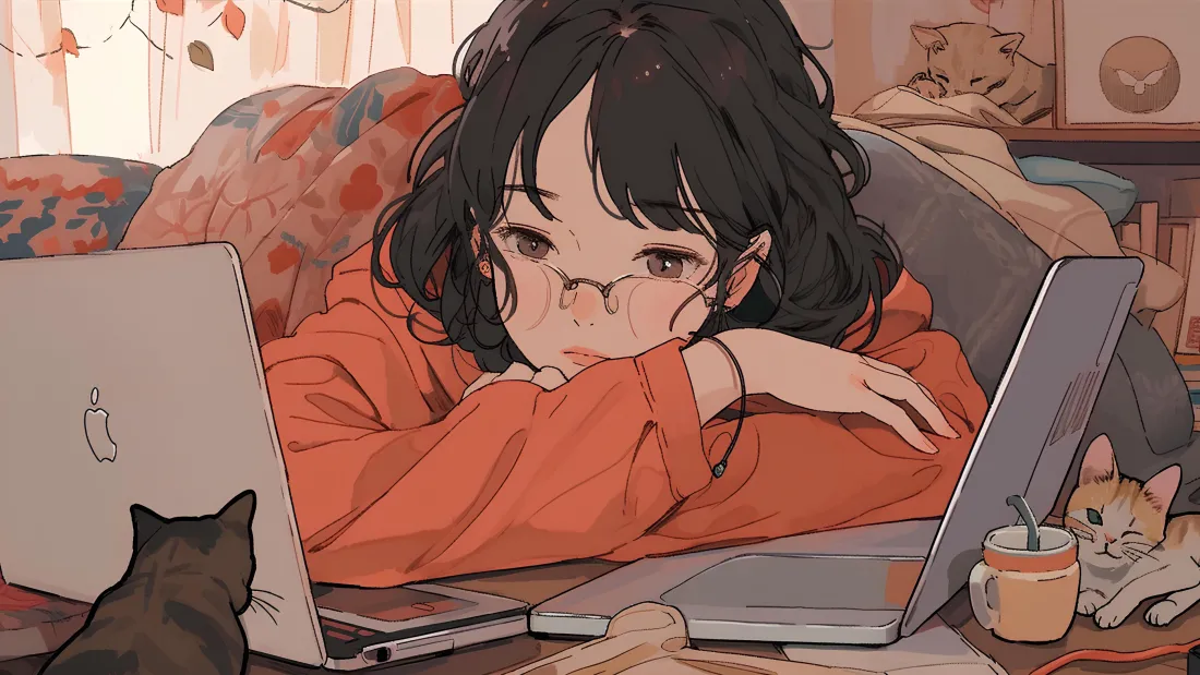 8k少女动漫壁纸｜居家少女与萌猫背景图片 - 超萌「哲风壁纸」
