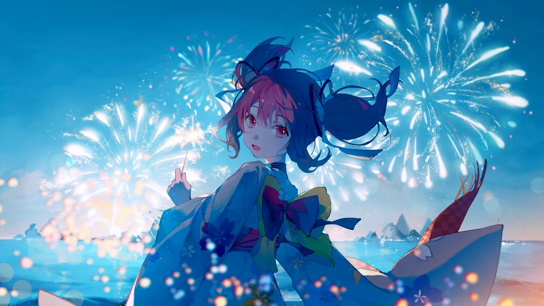 5k少女动漫壁纸｜烟花背景图片 - 唯美场景「哲风壁纸」