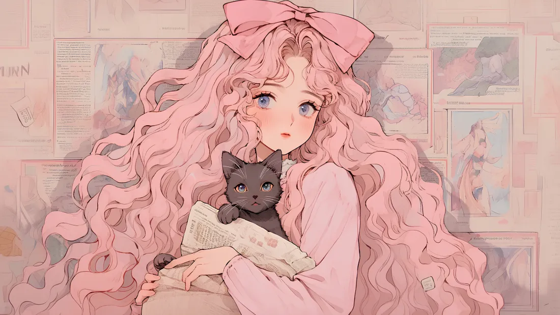 8k少女动漫壁纸｜抱黑猫的粉色卷发女孩 - 背景图片「哲风壁纸」
