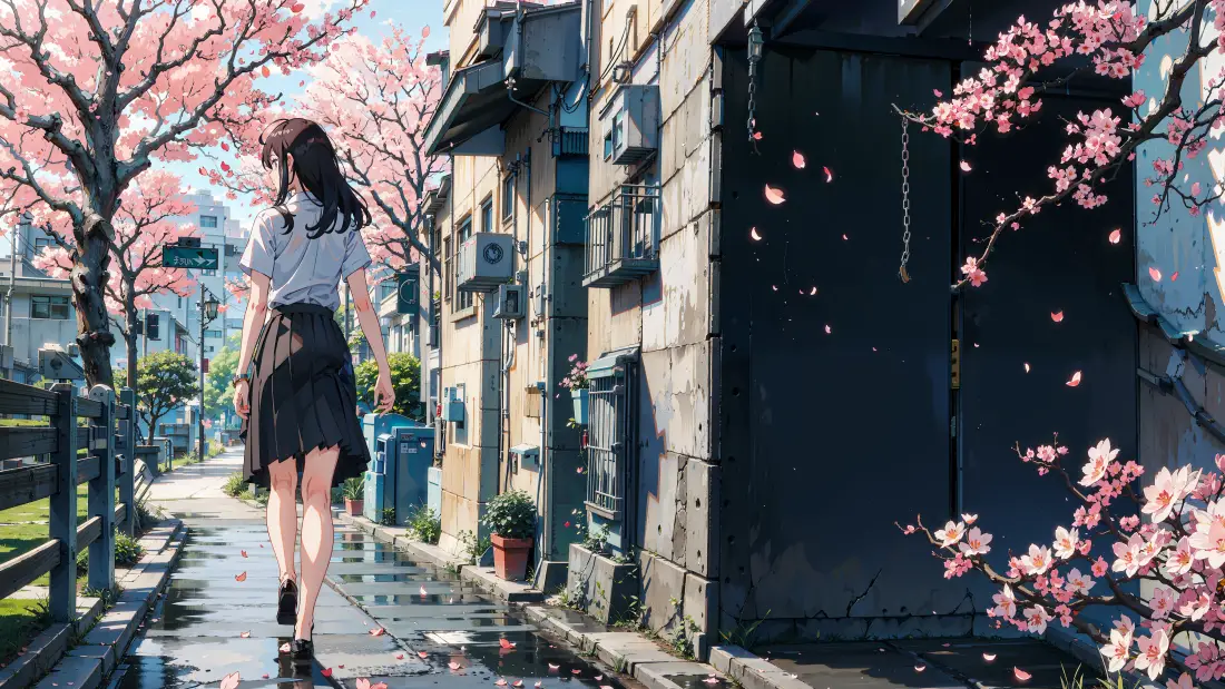 4kAI少女壁纸｜樱花街道背景图片 - 唯美风「哲风壁纸」
