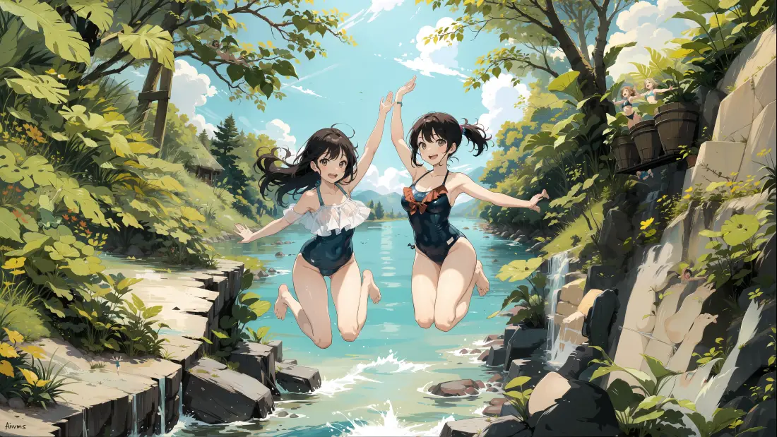 4kAI少女壁纸｜双生少女跃入溪流背景图片「哲风壁纸」