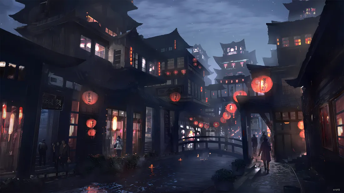 2k夜景小镇壁纸｜古风小镇背景图片 - 梦幻夜景「哲风壁纸」