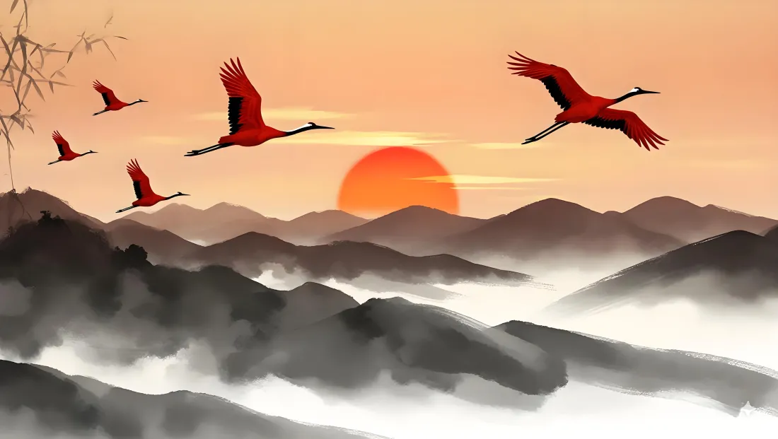 5k夕阳壁纸｜云雾山川仙鹤背景图片 - 绝美意境「哲风壁纸」