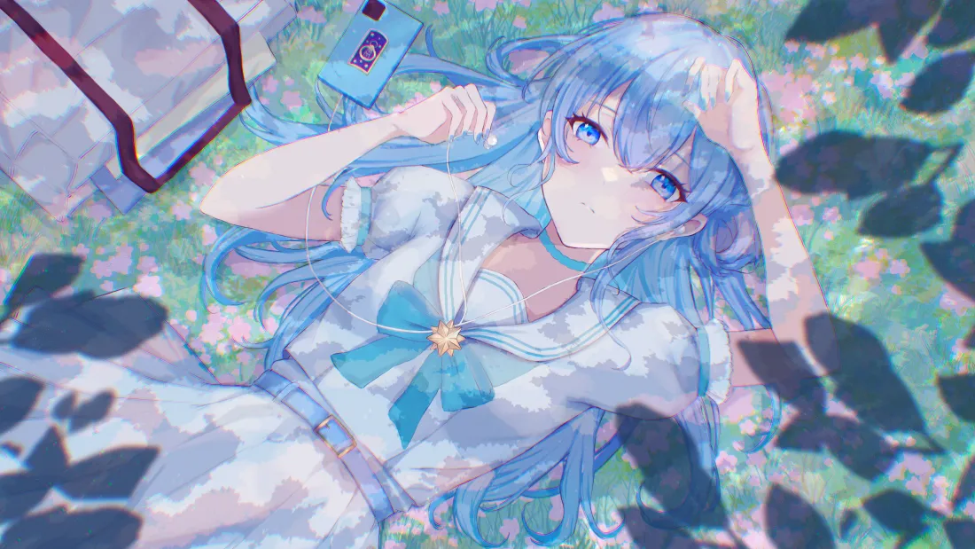 4k少女动漫壁纸｜蓝发少女躺卧背景图片 - 清新「哲风壁纸」