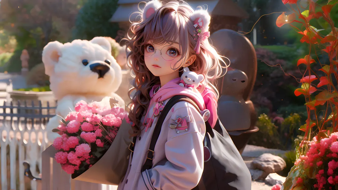 4k少女动漫壁纸｜抱花少女与白熊背景图片 - 精美「哲风壁纸」