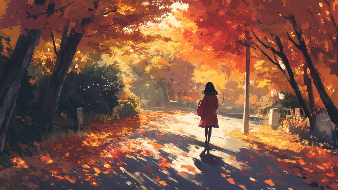 5k动漫背影壁纸｜红叶背景图片 - 唯美漫步「哲风壁纸」