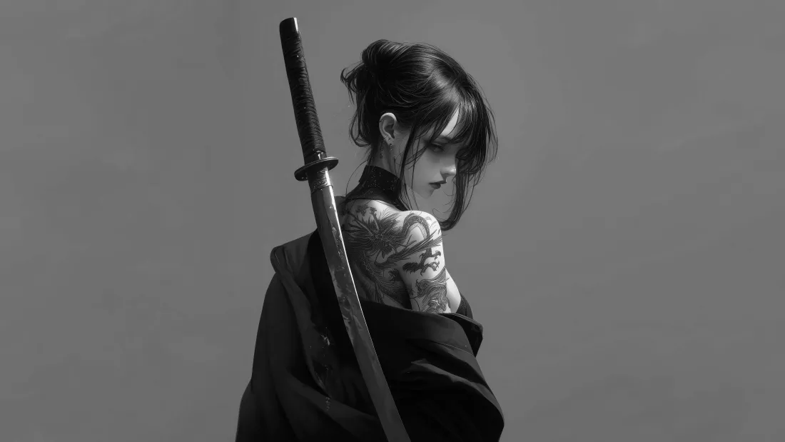 8kAI美女纹身壁纸｜武士刀动漫背景图片 - 惊艳「哲风壁纸」