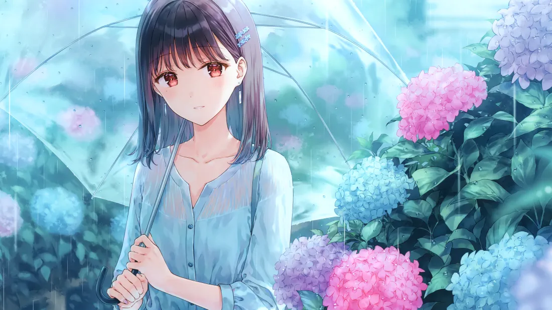 5k动漫美女壁纸｜雨中撑伞与花背景图片 - 二次元「哲风壁纸」