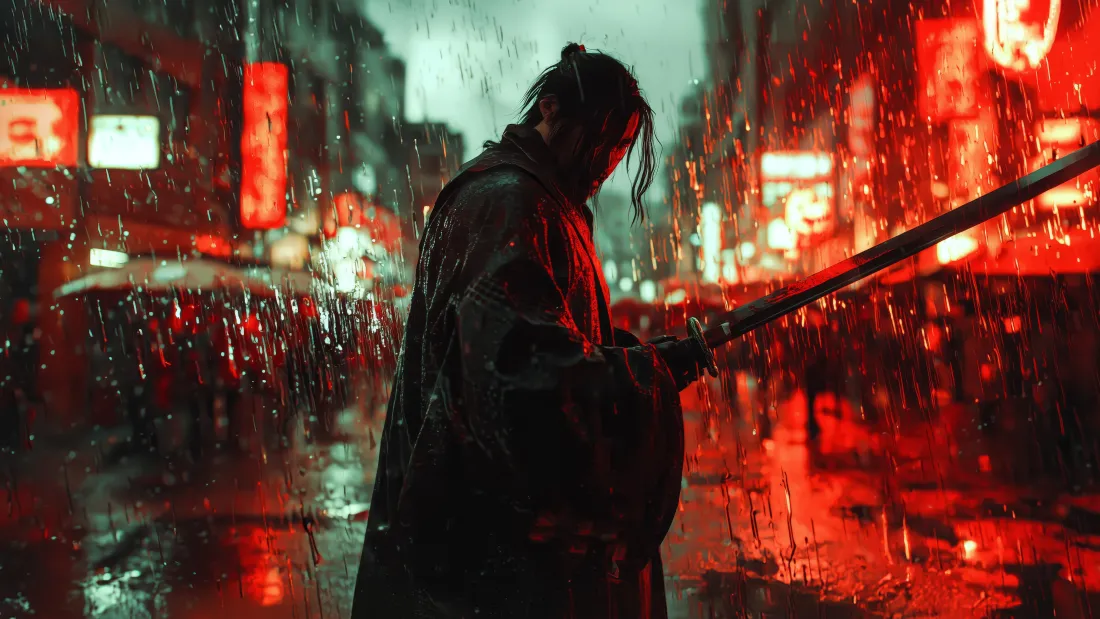 6kAI二次元雨滴壁纸｜持武士刀人物背景图片 - 超酷「哲风壁纸」