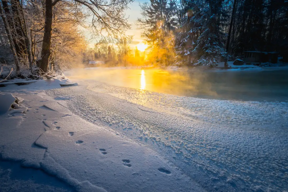 6k冬日雪景壁纸｜下雪背景图片 - 河畔日出「哲风壁纸」