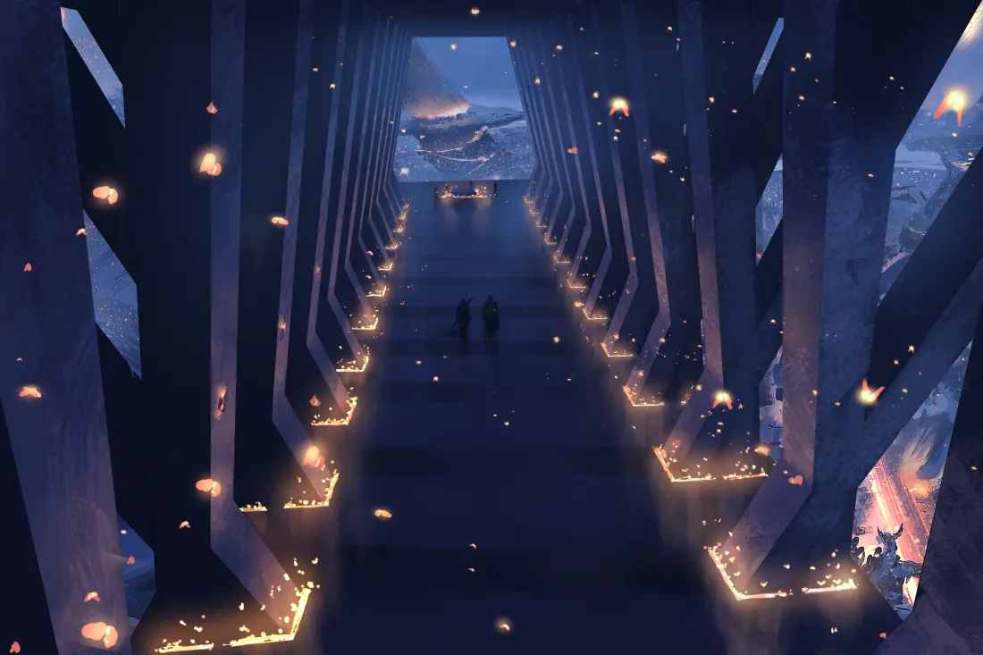 4k鬼刀壁纸｜蓝色梦幻背景图片 - 走廊场景「哲风壁纸」