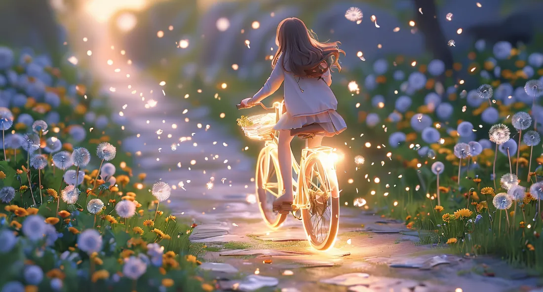 2k蒲公英壁纸｜暮色小路背景图片 - 少女单车漫步「哲风壁纸」