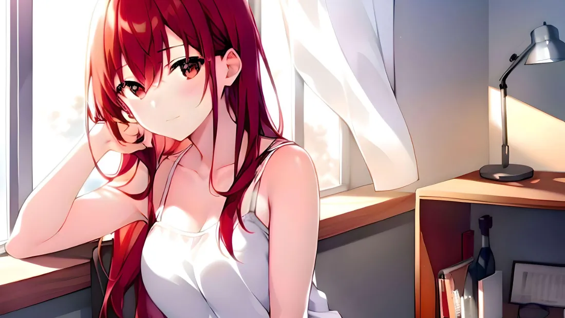 4k(红发少女壁纸｜窗台书桌背景图片 - 二次元)「哲风壁纸」