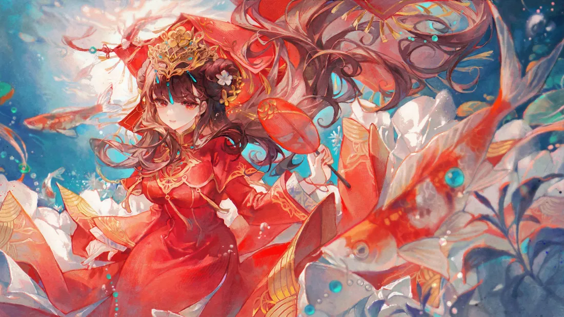 4k红衣少女壁纸｜繁花飘带背景图片 - 二次元中国风「哲风壁纸」