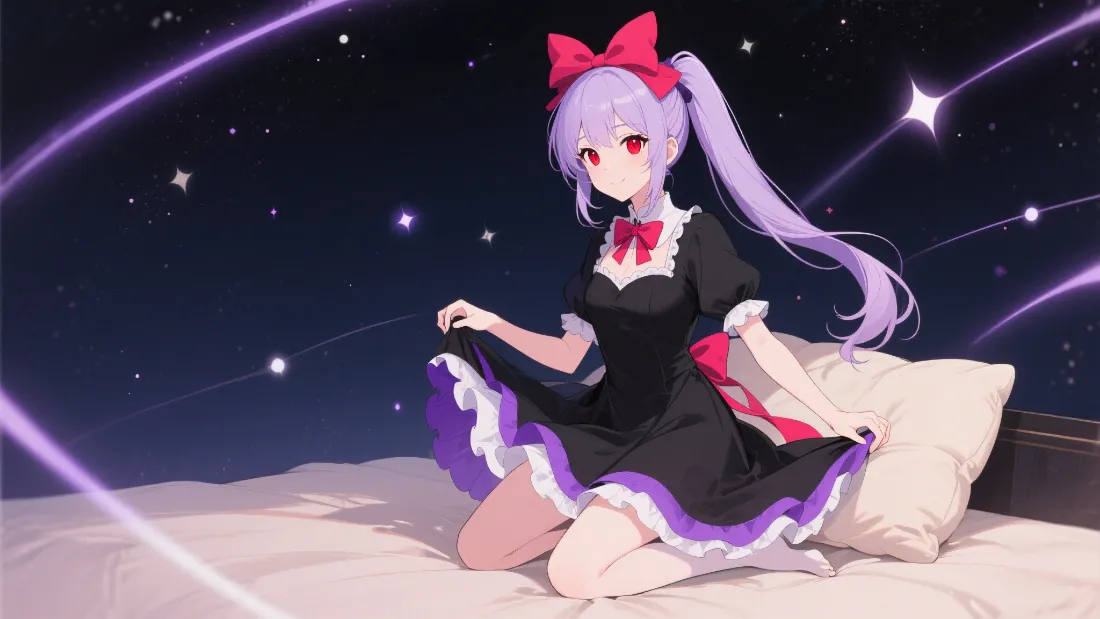 2k紫发蝴蝶结少女壁纸｜星空夜景背景图片 - 动漫插画「哲风壁纸」