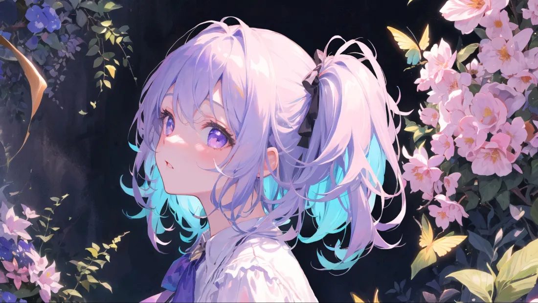 3k紫发少女壁纸｜花丛背景图片 - 梦幻渐变「哲风壁纸」