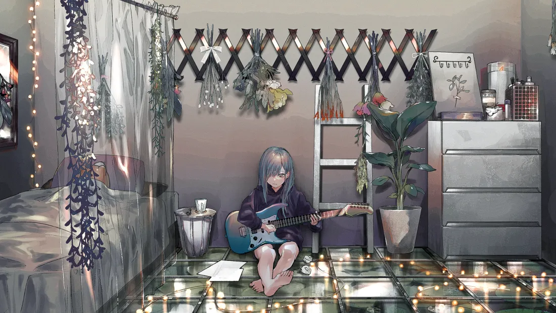 3k(蓝发少女壁纸｜烛光房间背景图片 - 二次元)「哲风壁纸」