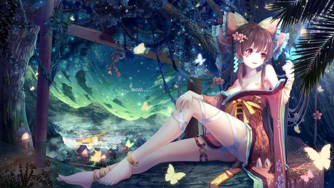3k猫耳老婆壁纸｜夏夜森林背景图片 - 二次元插画「哲风壁纸」