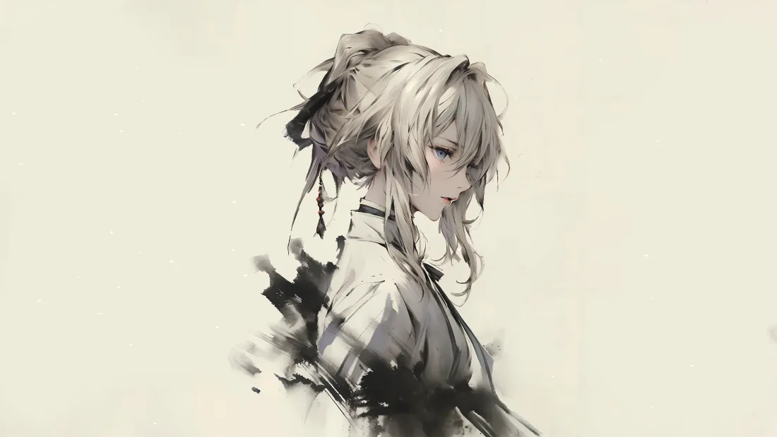 4k水墨风壁纸｜金发少女背景图片 - 意境插画「哲风壁纸」